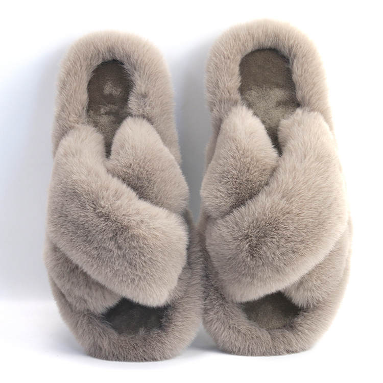 Fashion Comfortable Cross Band Outdoor Open Toe Flat Fluffy Vegan Faux Rabbit Fur Slide Indoor Fuzzy Slippers for Women