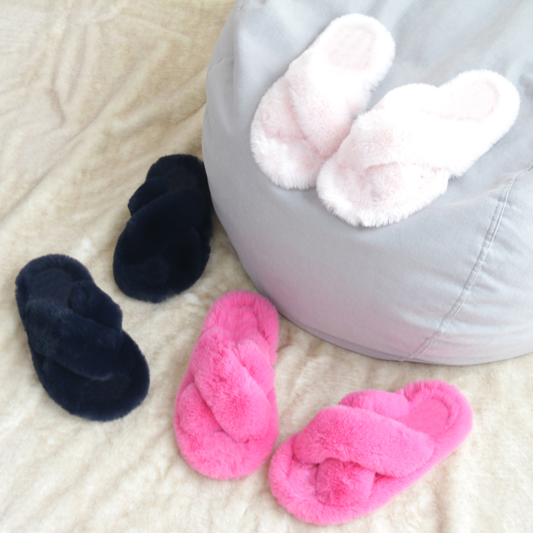 Custom Bedroom Comfort Cross Band Soft Rabbit Fur Warm House Indoor Fur Slides Slippers for Women