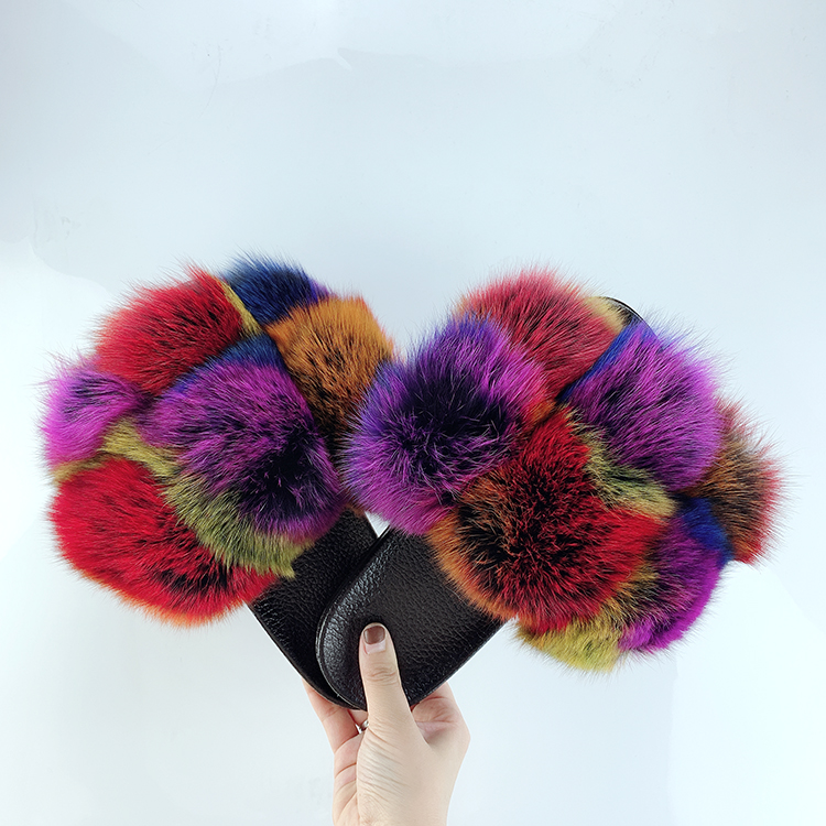 Womens Luxury Real Raccoon Fur Slides Furry Fashion Flat Soles Soft Summer Sandals Fox Fur Slippers