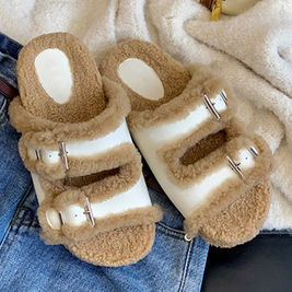 2023 Winter Warm Adjustable Cork Clogs Fur Slides Plush Buckle Sandals Fluffy Birken Slippers for Women
