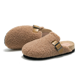 Women Fuzzy Cashmere Fleece Casual Genuine Leather Fluffy Plush Mules Birken Unisex Clogs Cork Slippers