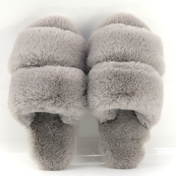 Wholesale Ladies Big Fur Double Strap Slippers