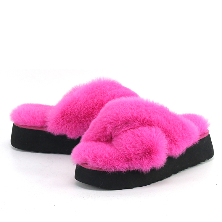 Ladies Fashion Thick Sole Platform Fluffy Cross Band Fur Slippers