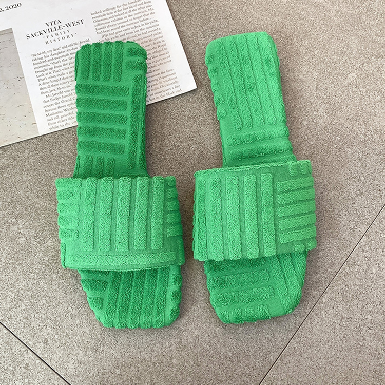 Towel Slide Fashion Fur Slides Slippers Women Comfortable Flat Green Terry Towel Slippers for Women and Ladies