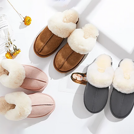 Customized Warm Cow Suede Leather Flat Indoor Outdoor Winter Fluffy Sheepskin Slippers for Women 