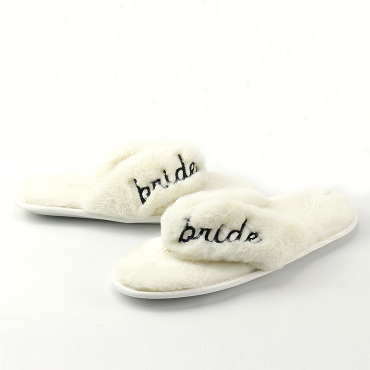 Custom Popular Soft Ladies Open Toe White Fur Bridesmaid Bridal Party Wedding Slippers