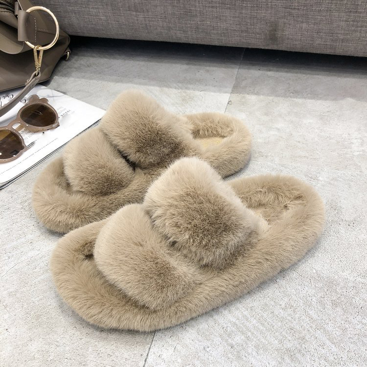 Fashion Women Vegan Faux Fur Slides Open Toe Fluffy House Memory Foam Slide Women Winter Slippers