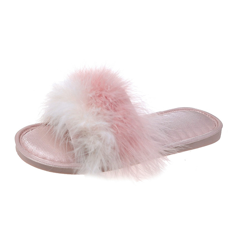 Fashion Fluffy Feather One Strap Wedding Party Bridesmaid Satin Slides Bride Slippers
