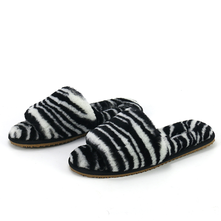Custom House One Strap Fluffy Sheepskin Fur Zebra-Stripe Slippers