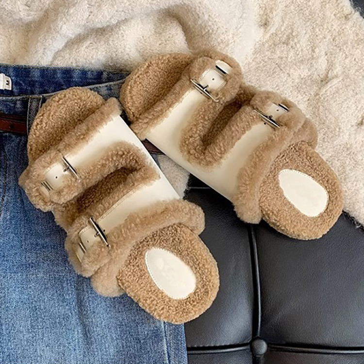2023 Winter Warm Adjustable Cork Clogs Fur Slides Plush Buckle Sandals Fluffy Birken Slippers for Women