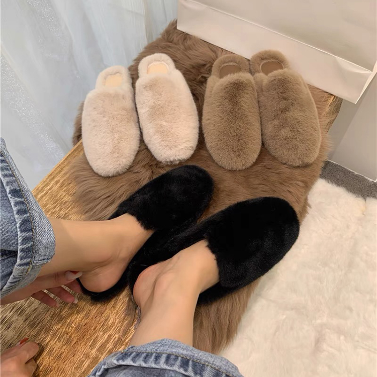 Fashion Winter Warm Fluffy Faux Mink Mules Flat Slides Closed Toe Loafers Indoor Outdoor Fur Slippers for Women