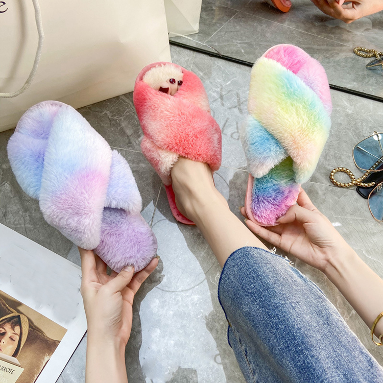 Fashion Fuzzy Sandals Plush Open Toe Faux Fur House Flat Cross Band Soft Warm Bedroom Fluffy Fur Slides Slippers