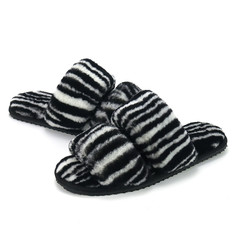 Wholesale Soft Indoor Zebra Pattern Black Fluffy Sheepskin Double Strap Slippers Custom Logo